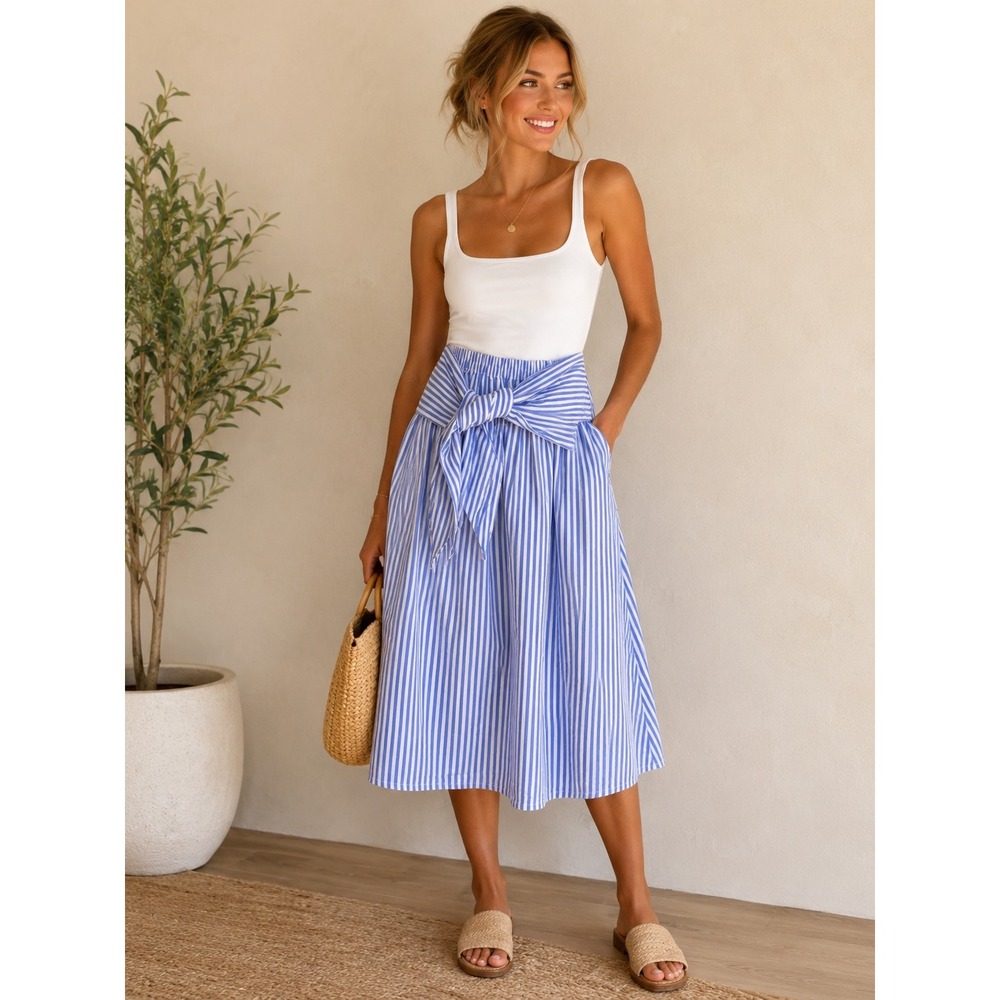Les Canebiers Blue White Striped Tie Front Midi Skirt